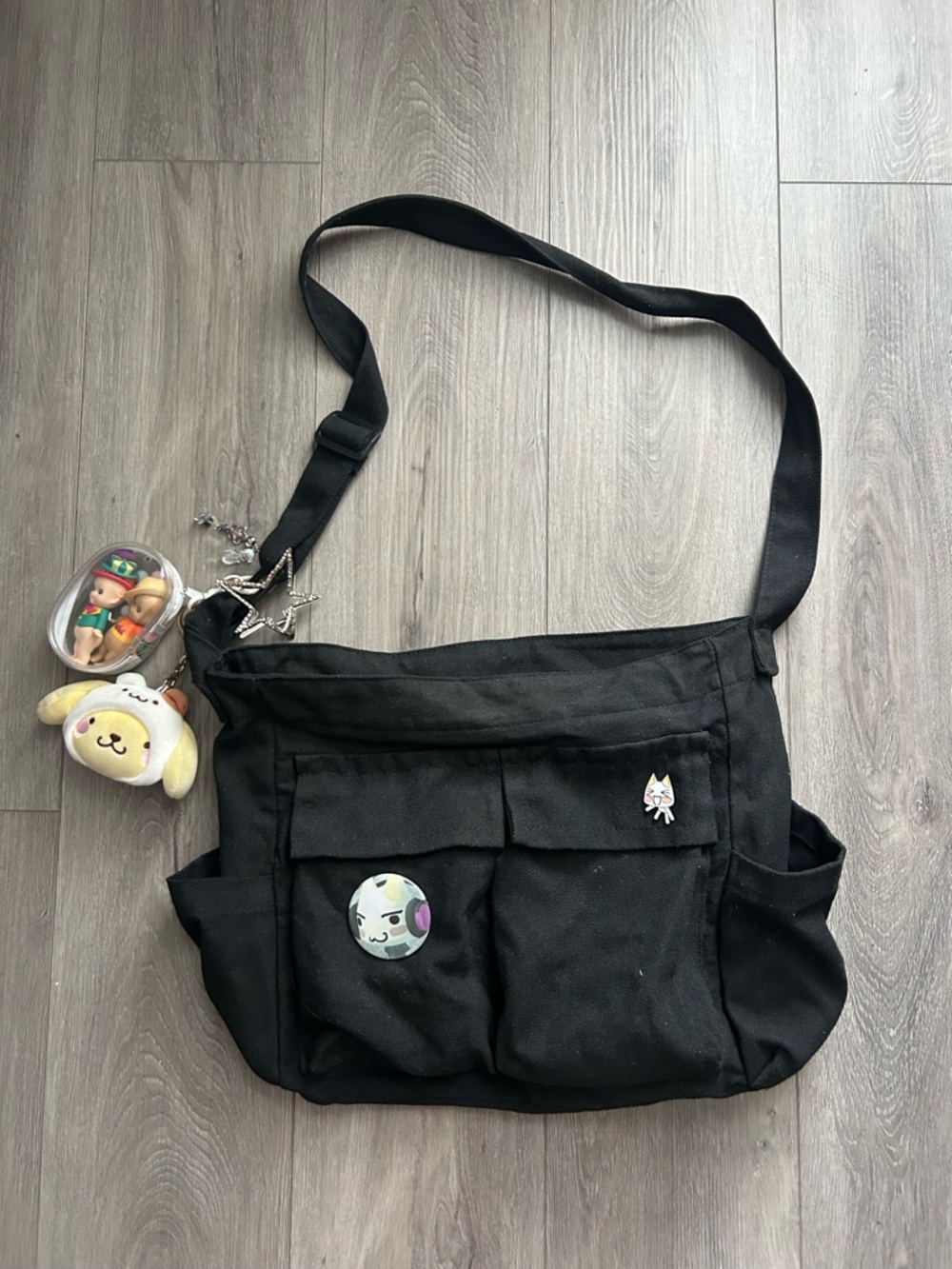 Black Canvas Crossbody Messenger School Bag with Cute Pins